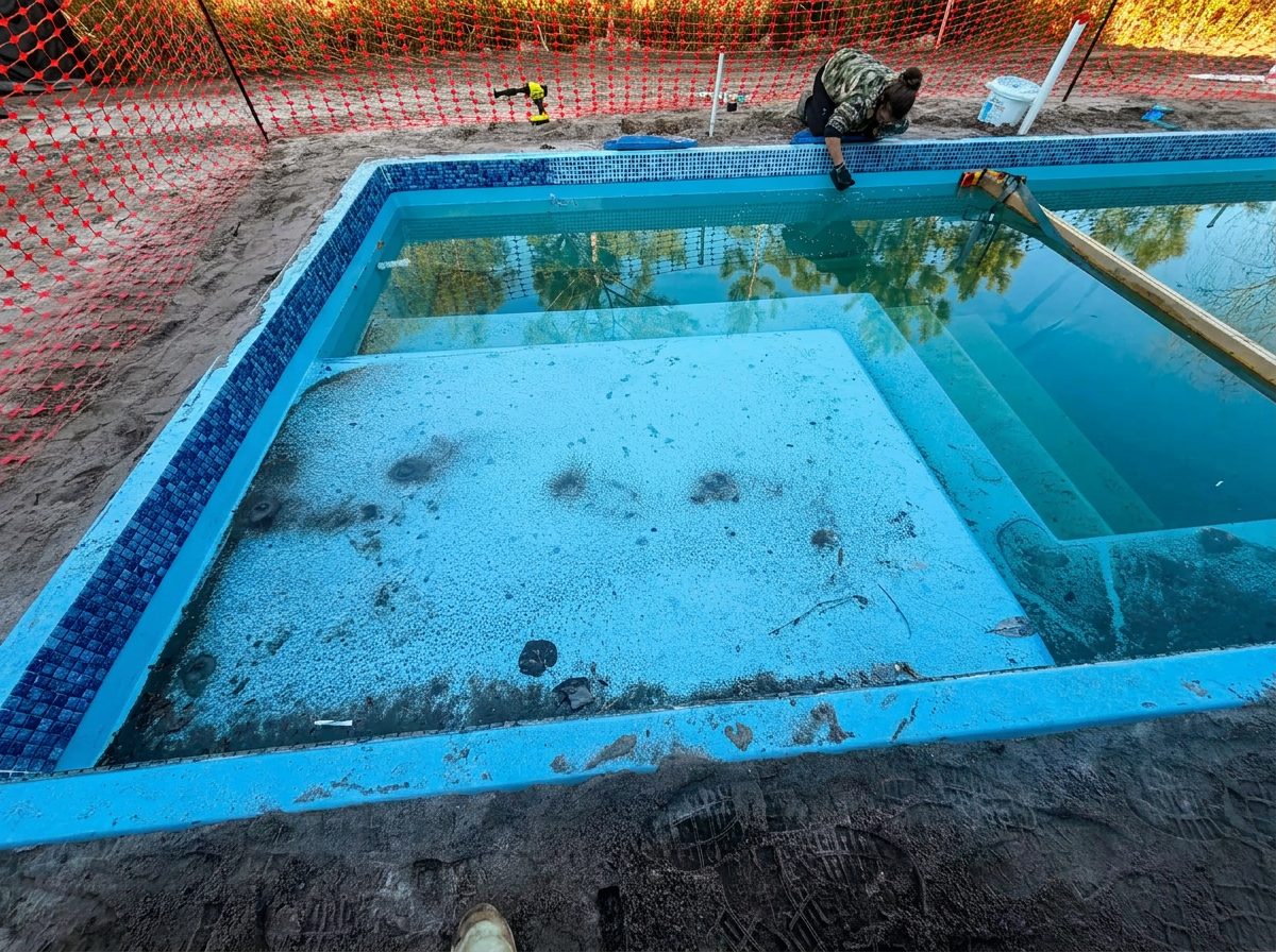 New pool build with bright blue tile and clear water