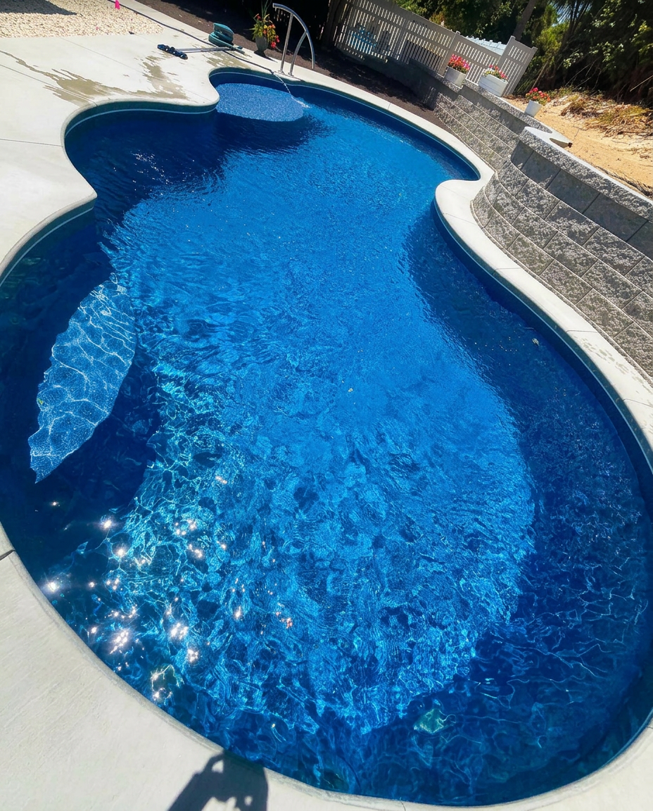 Vinyl-liner pool with deep blue water