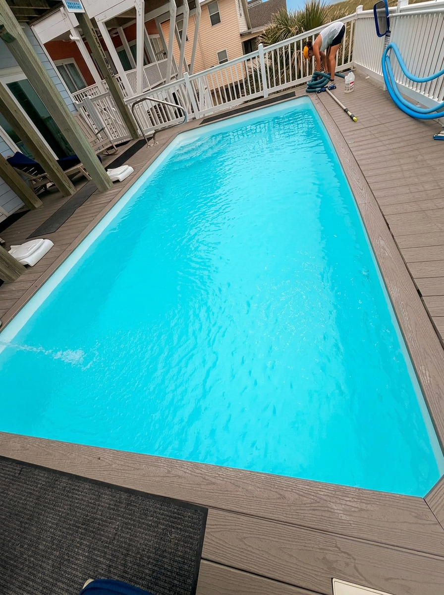 Long rectangular pool on a beach deck