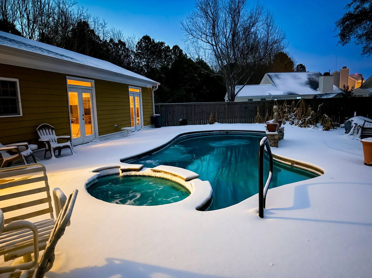 Snow-covered pool and spa glowing at dusk