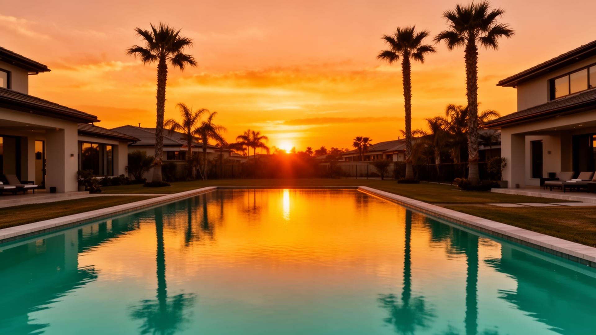 Pristine residential pool at sunset with palm trees